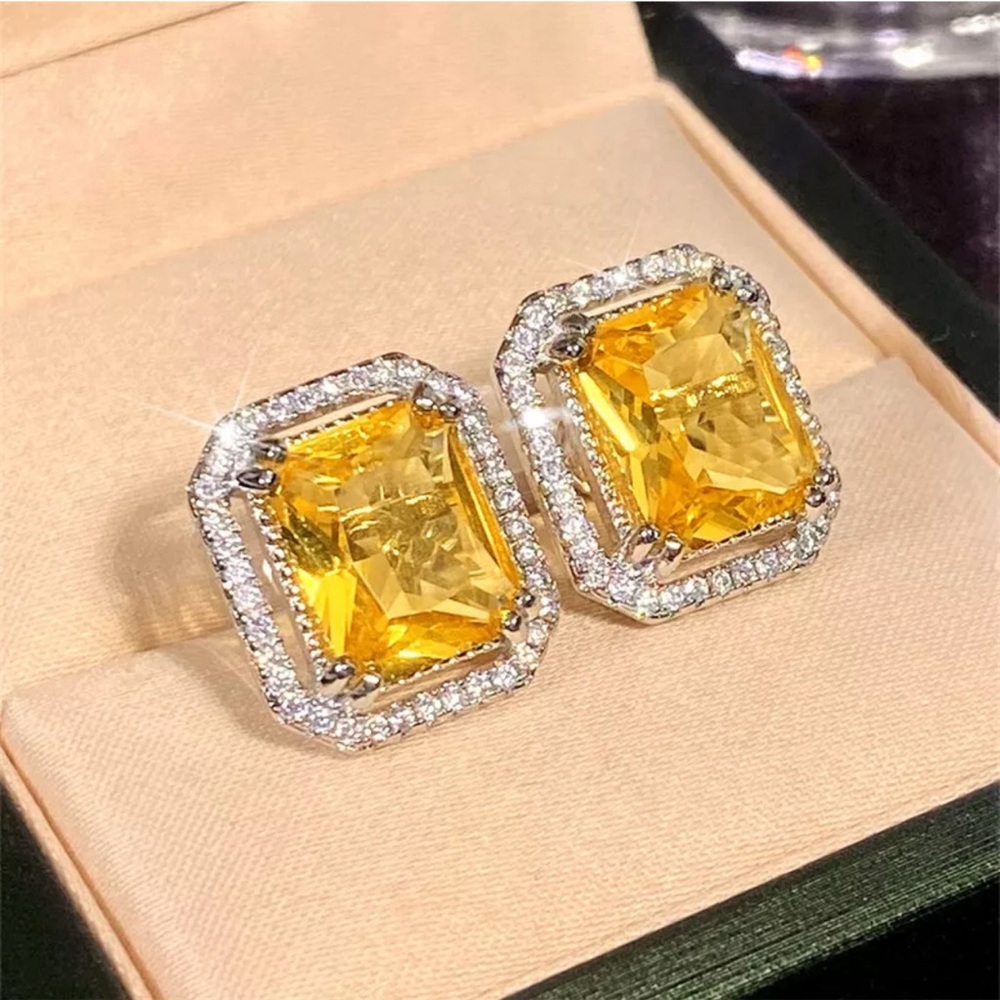 NEW Big Citrine Cubic Zirconia Silver Stud Earrings